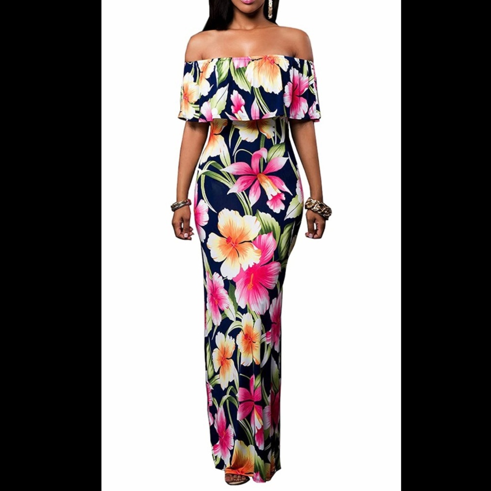 Off the shoulder maxi dress. Navy blue background with pink and orange flowers